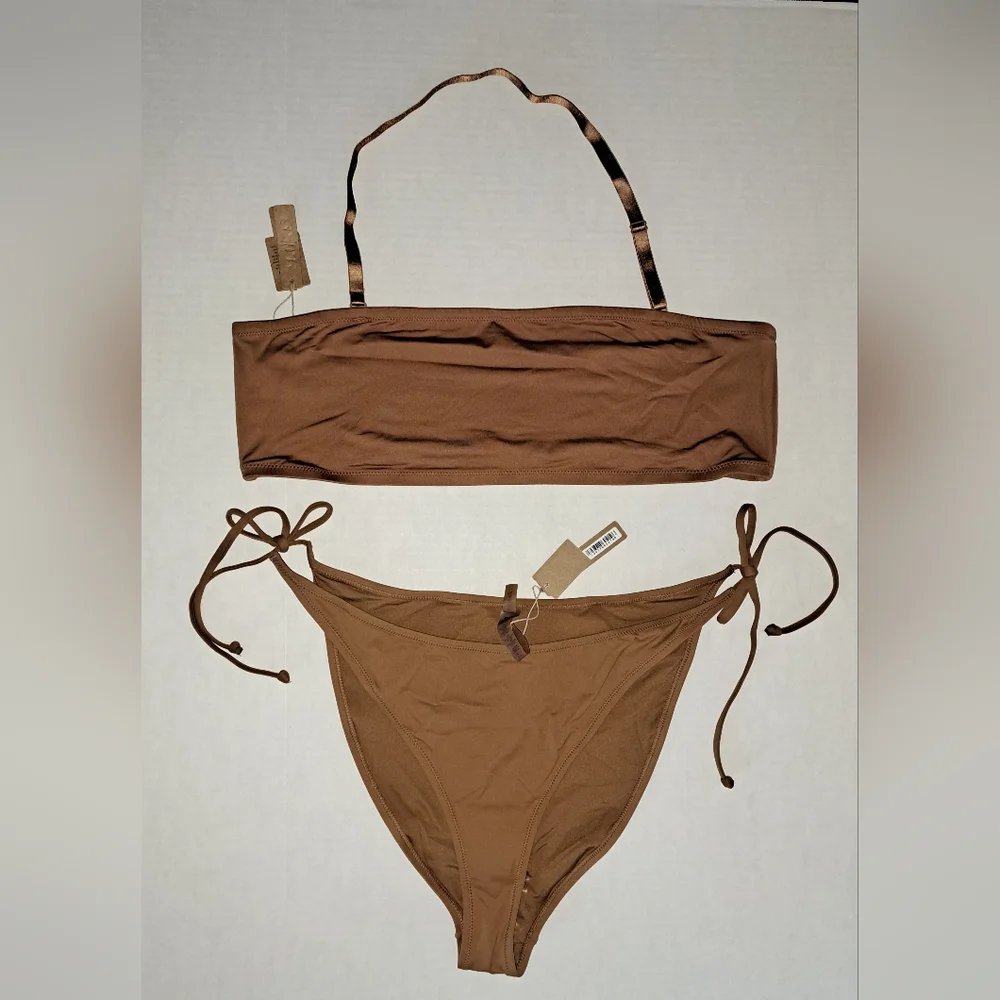 ❤️NWT SKIMS 2 Piece Swim Bandeau Top Dippy tie String Bikini Nude ALMOND 3X